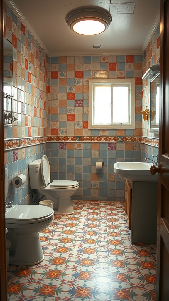 A retro bathroom showcasing colorful patterned tiles and linoleum flooring typical of the 70s aesthetic.