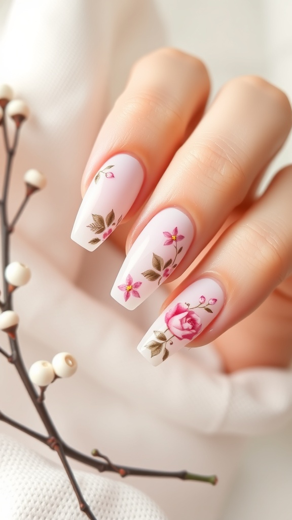 Acrylic nails with floral designs featuring pink flowers and green leaves on a light background.
