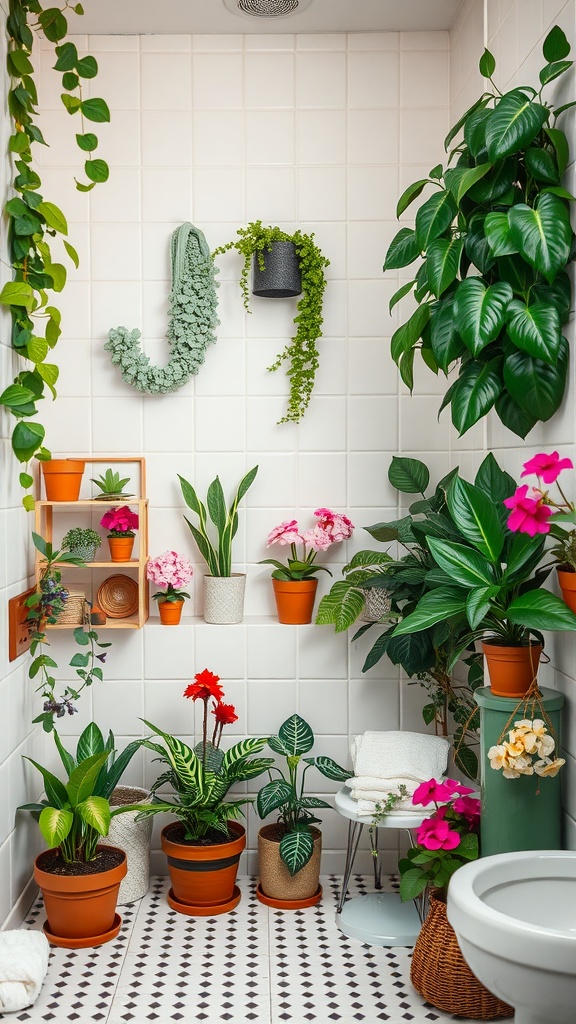 A bright bathroom filled with various plants and floral accents, creating a lively and inviting atmosphere.