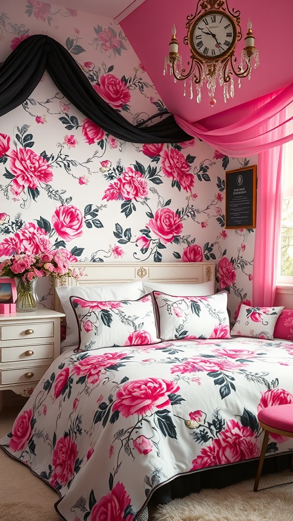 A pink and black bedroom featuring floral accents on the bedding and wallpaper, with elegant decor.