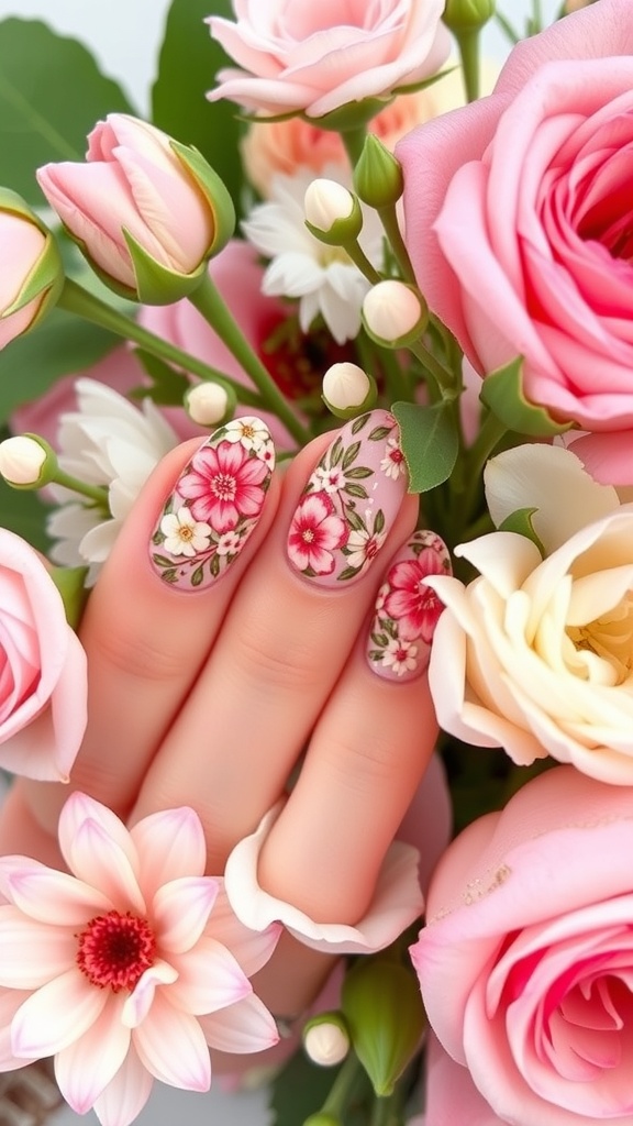 A hand with floral almond nails surrounded by pink and white flowers.