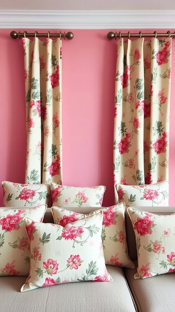 A pink living room featuring floral patterned curtains and cushions.