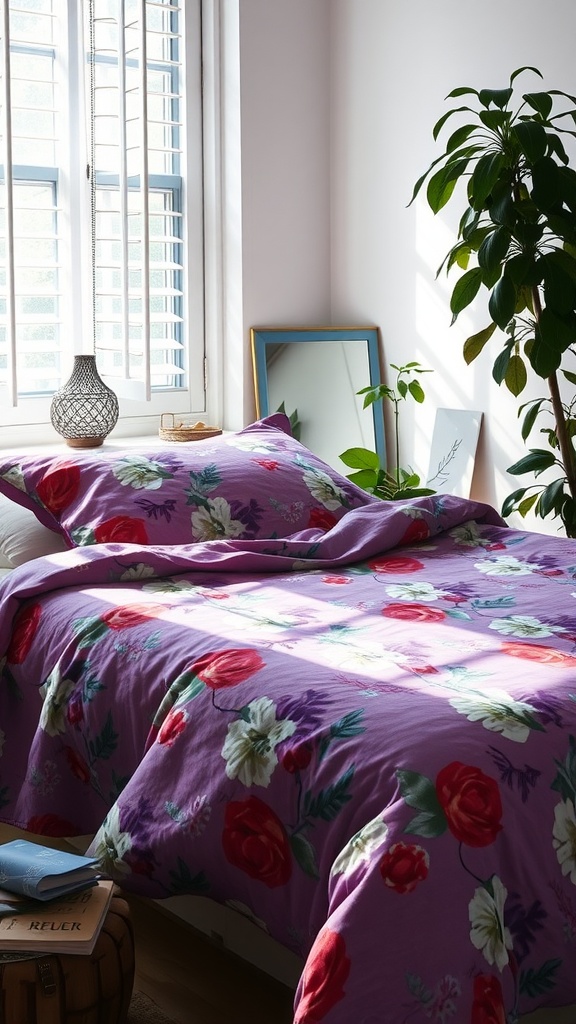 A cozy bedroom featuring a floral purple bedspread, with sunlight streaming through the window and plants nearby.