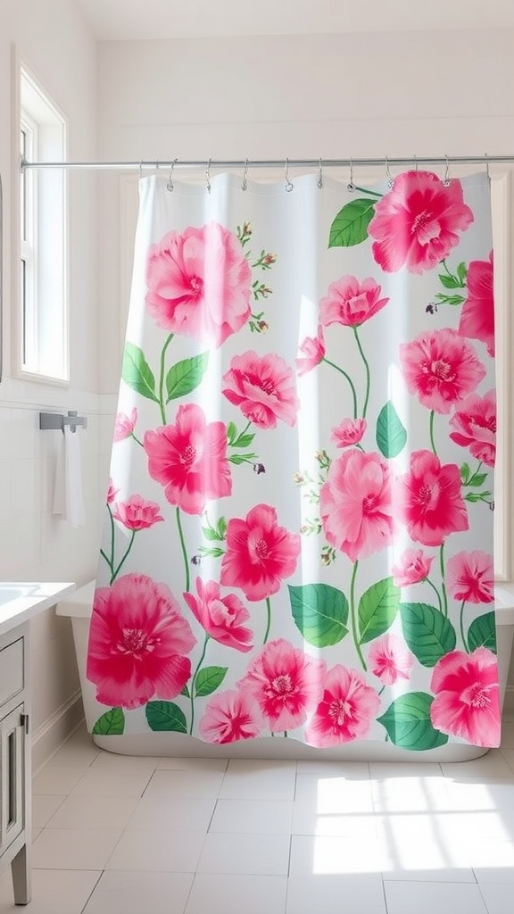 A bright floral shower curtain featuring large pink flowers and green leaves in a light bathroom setting.