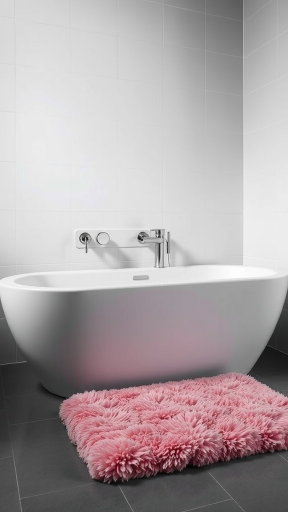 A fluffy pink bath mat in front of a sleek white bathtub in a modern bathroom.