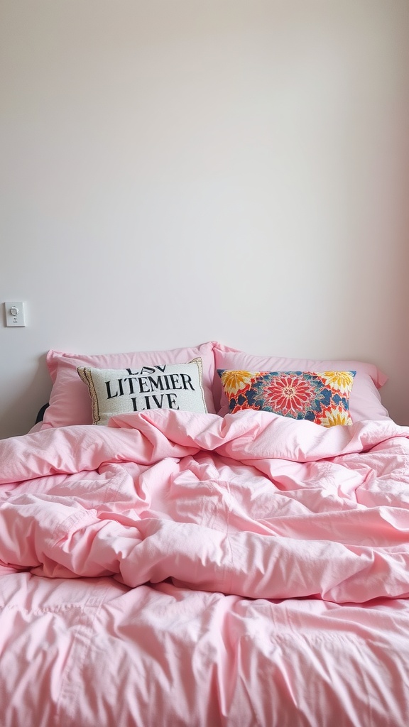 Cozy pink bedding with decorative pillows on a bed