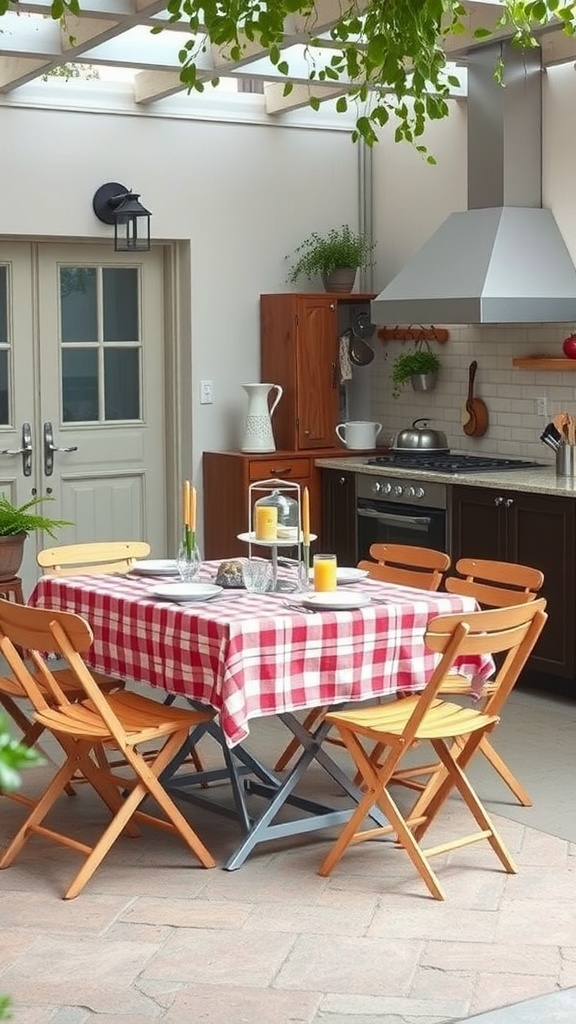 Foldable dining table in a small outdoor kitchen with a checkered tablecloth and wooden chairs
