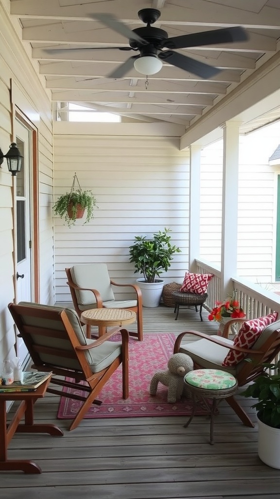 A cozy back porch with foldable furniture, featuring two chairs, a small table, and decorative elements.