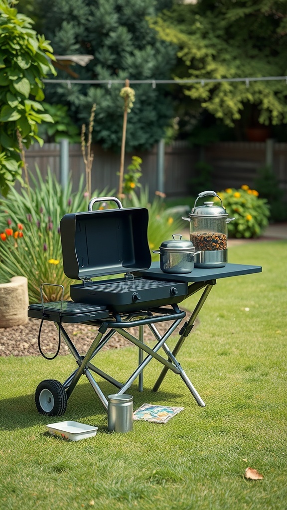 A foldable outdoor kitchen setup with a portable grill and pots on a grassy area