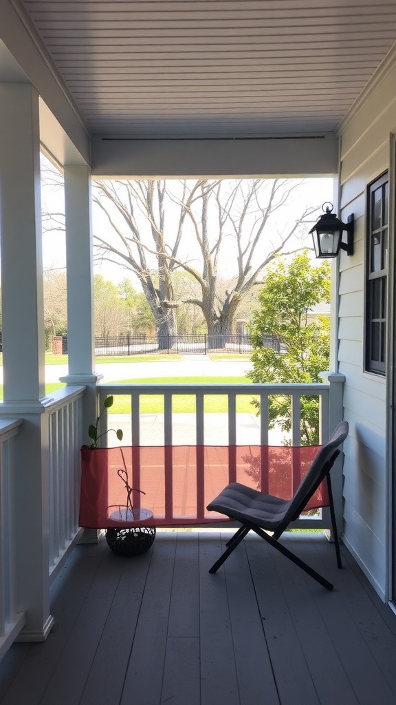 A small porch featuring a folding chair and a plant