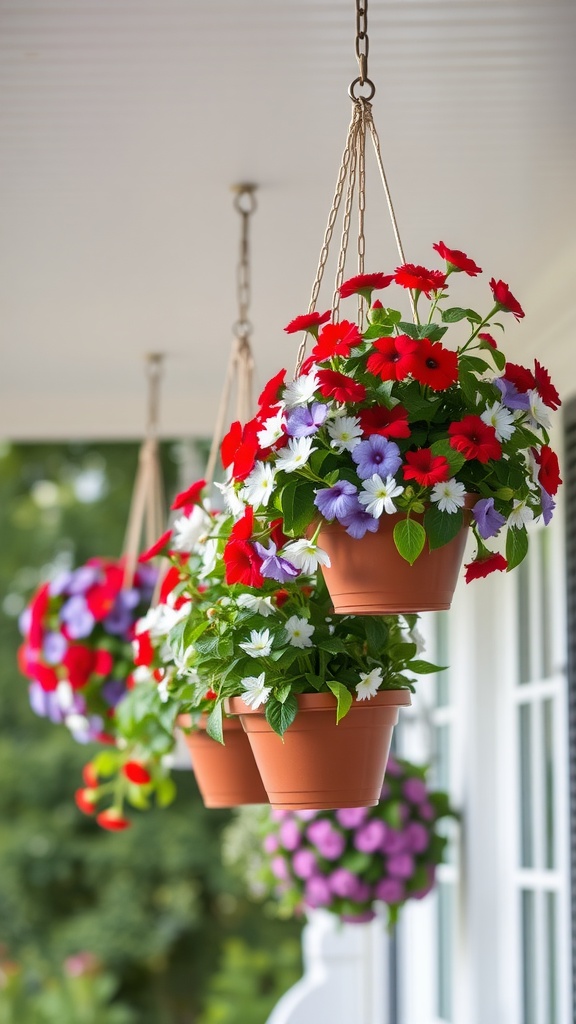 Hanging planters filled with red, white, and blue flowers on a porch.