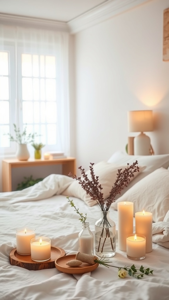 A cozy bedroom with fragrant candles, a vase of dried flowers, and soft bedding.