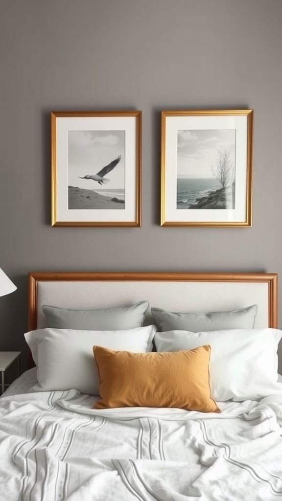 Two framed art prints above a bed with a light gray wall and a cozy bedding setup.