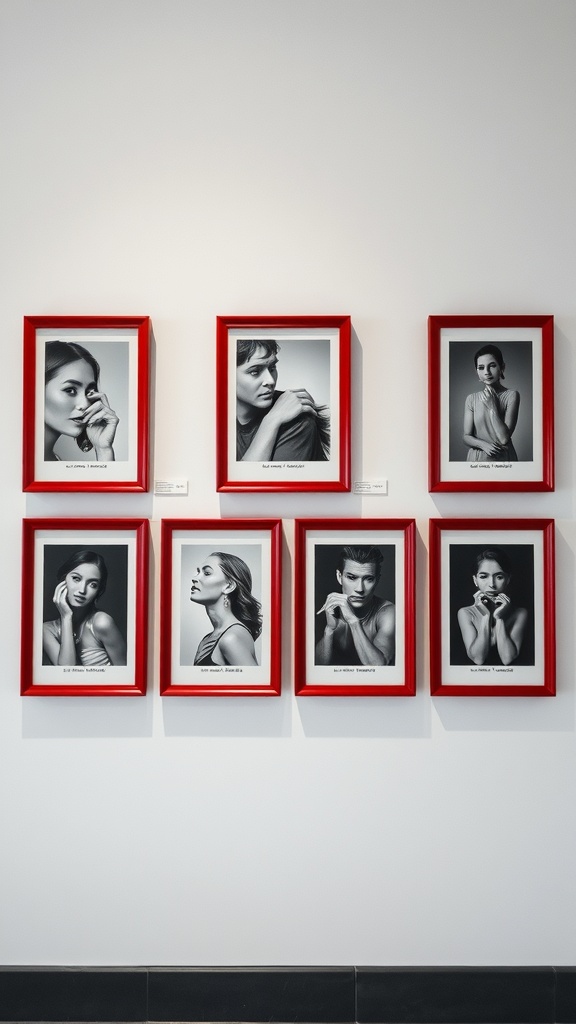 A collection of black and white photographs framed in red, showcasing various portraits.
