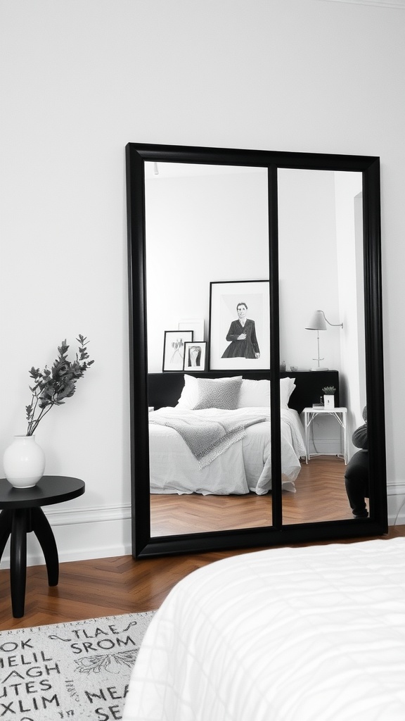 A large black-framed mirror reflecting a stylish black, white, and grey bedroom.