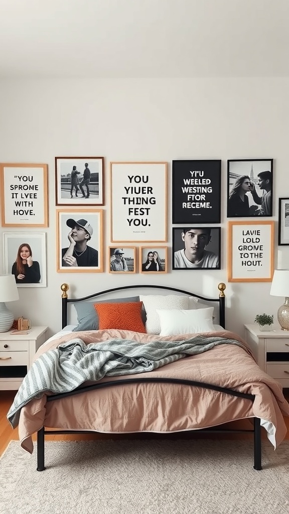 A stylish bedroom with a picture wall featuring framed quotes and photographs.
