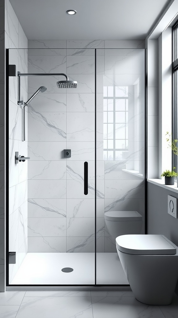 Frameless black glass shower with marble tiles and modern fixtures.