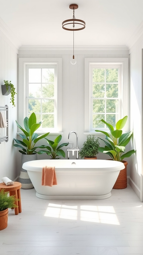 Modern farmhouse bathroom featuring a freestanding bathtub surrounded by plants and natural light.