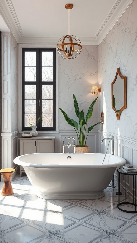 A modern bathroom featuring a freestanding white bathtub, marble walls, and stylish decor.