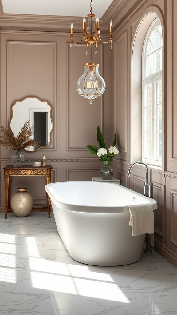 A luxurious bathroom featuring a freestanding white bathtub, elegant chandelier, and stylish decor.
