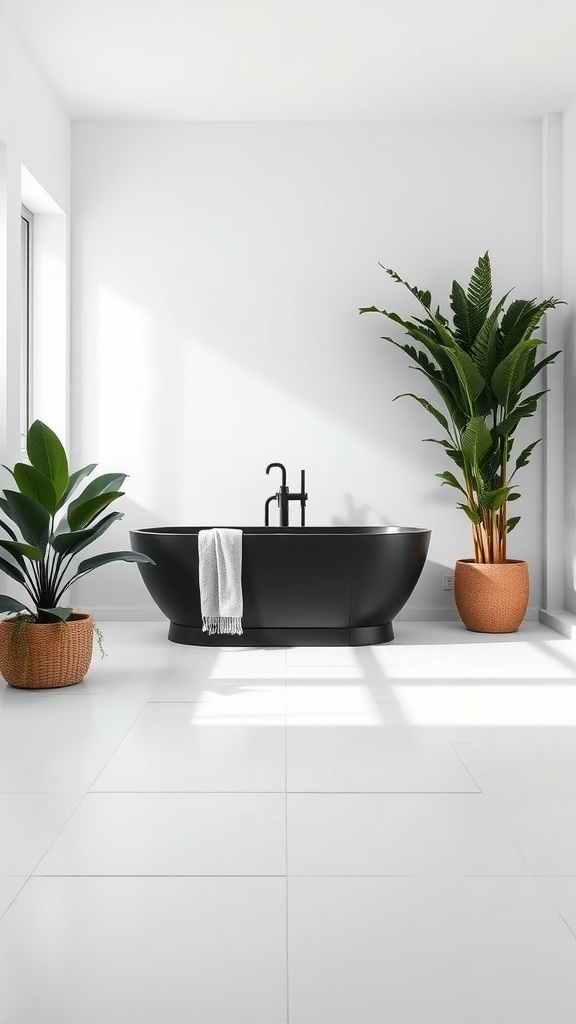 A modern bathroom featuring a freestanding black bathtub, surrounded by green plants and white walls.