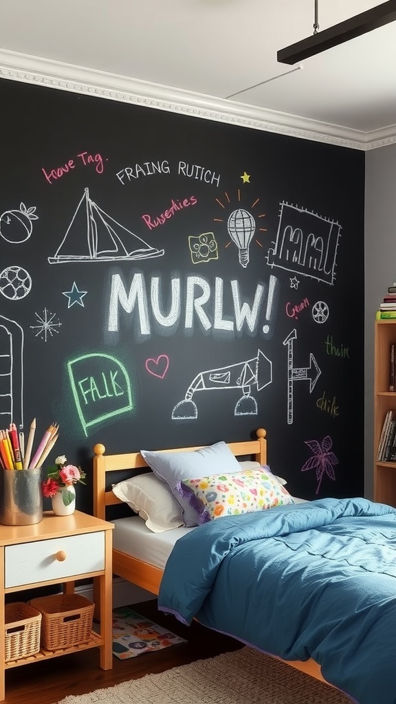 A girl's bedroom featuring a chalkboard wall filled with colorful drawings and notes, showcasing creativity.