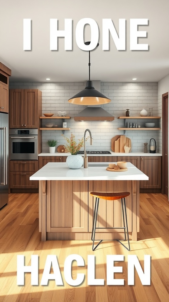 A modern kitchen island with a white countertop and wood cabinetry, accompanied by a bar stool and pendant lighting.