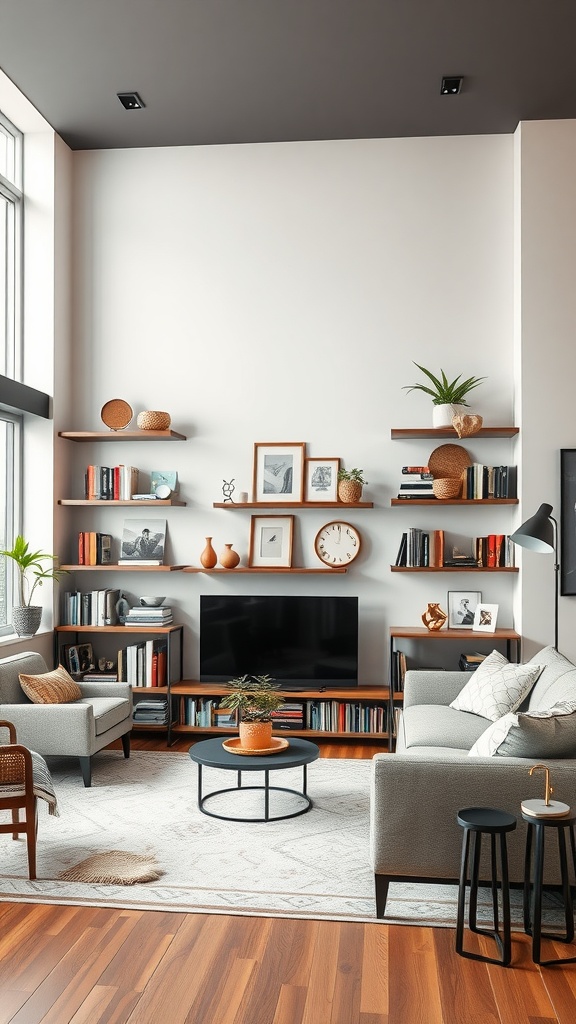 A modern living room featuring stylish shelving with books, plants, and decorative items.