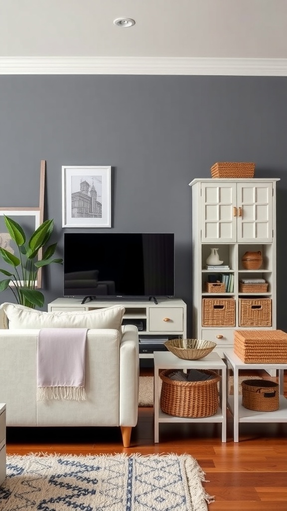 Cozy living room with stylish storage solutions, featuring a white cabinet, woven baskets, and a comfortable sofa.