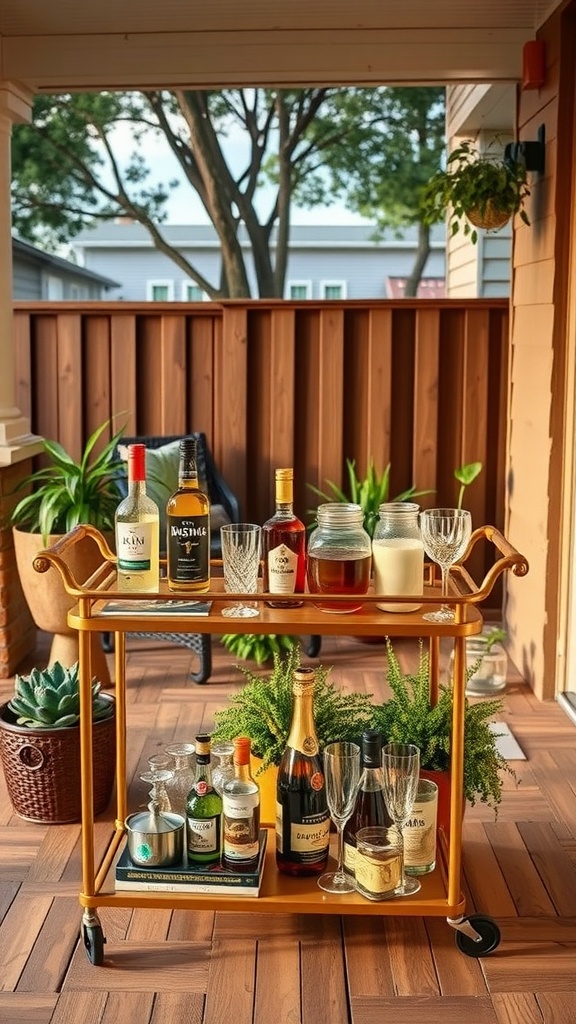 A stylish gold bar cart filled with various drinks and glassware on a patio, surrounded by green plants.