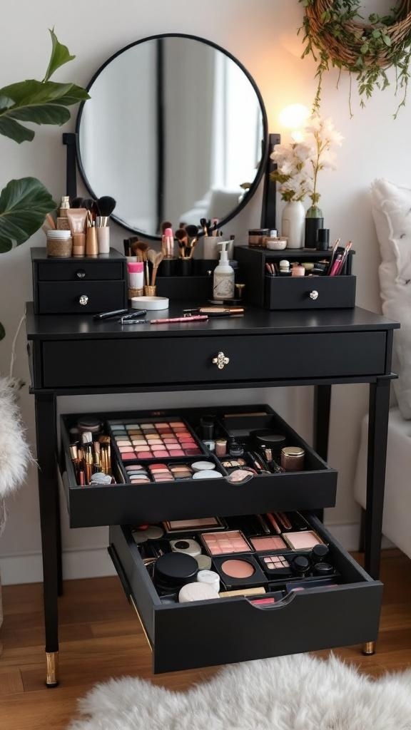 A stylish black vanity with organized makeup storage and a round mirror.