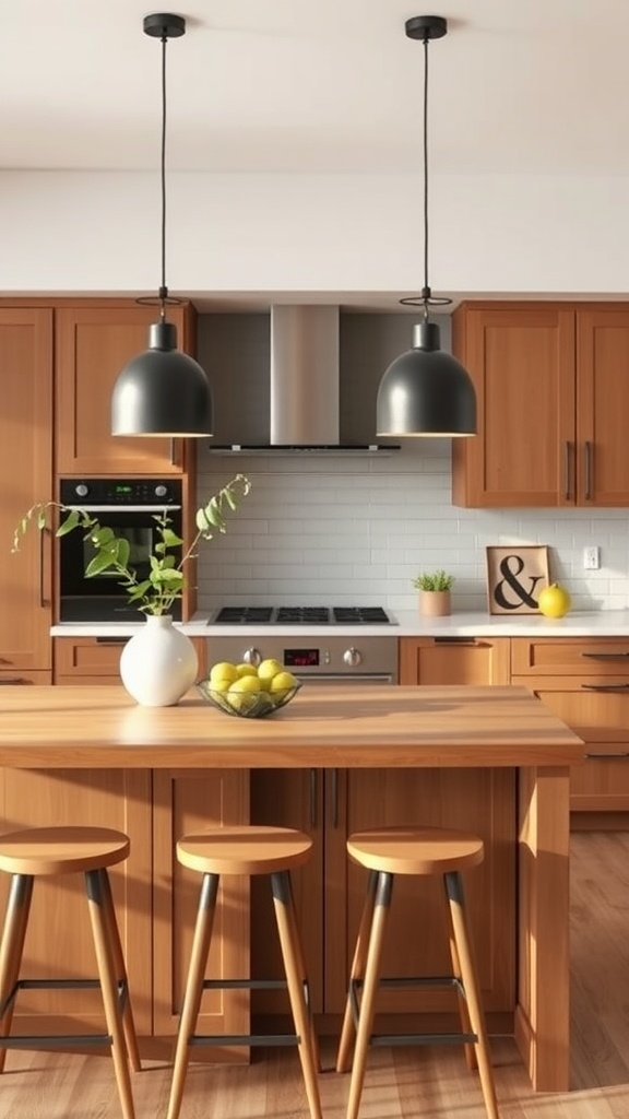 A cozy kitchen with a wooden island, bar stools, and modern pendant lights.
