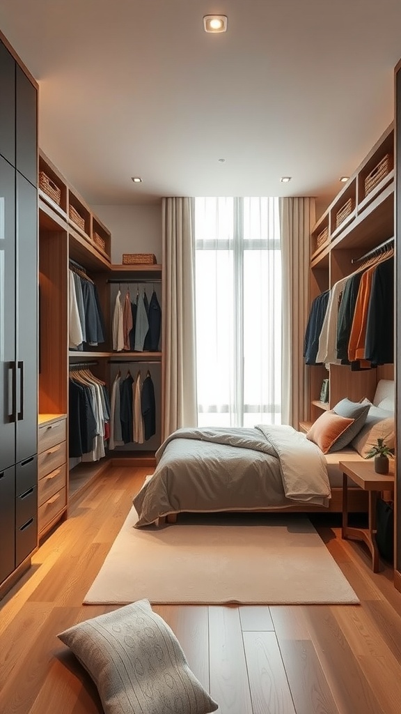 A cozy modern bedroom featuring a functional closet with wooden shelves and drawers.
