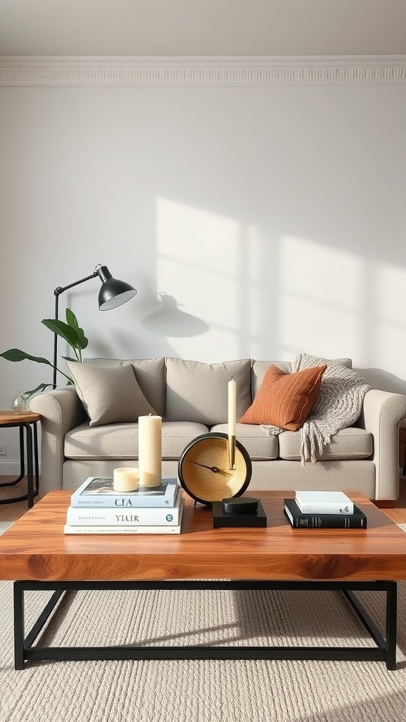 Functional coffee table with books, candles, a clock, and a plant in a living room.