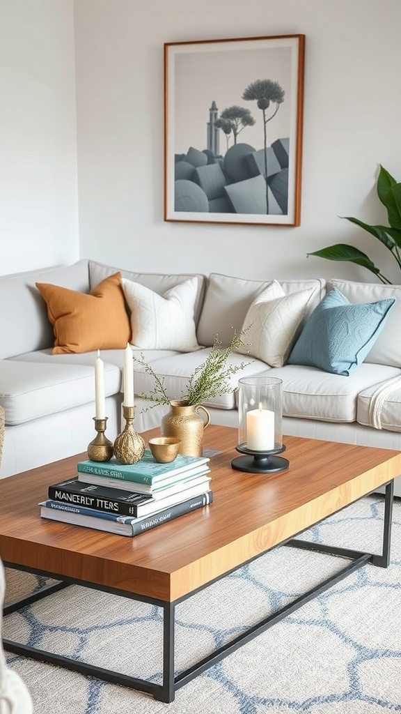 Cozy living room with a wooden coffee table, books, candles, and decorative items.