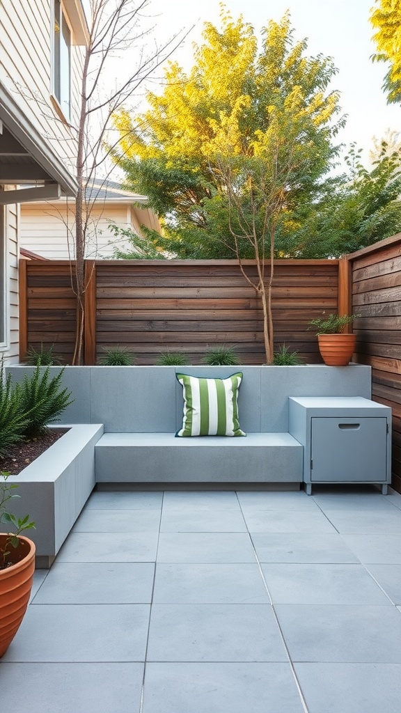 A stylish back patio featuring a concrete seating area with built-in storage, complemented by greenery and planters.