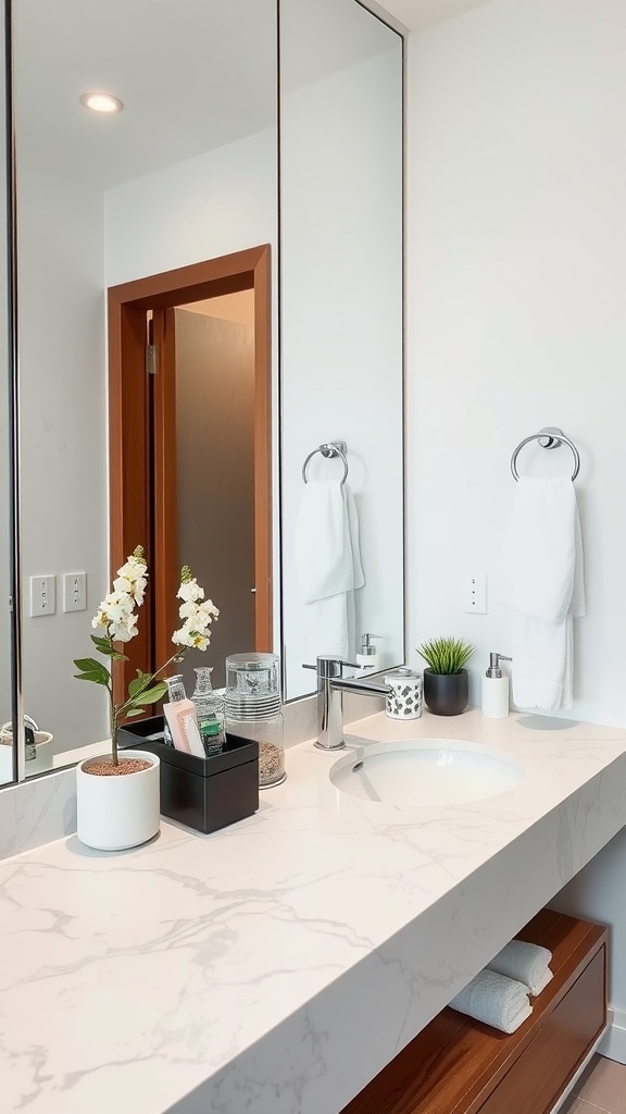A modern bathroom countertop with a marble finish, featuring a potted plant, neatly arranged toiletries, and a clean aesthetic.