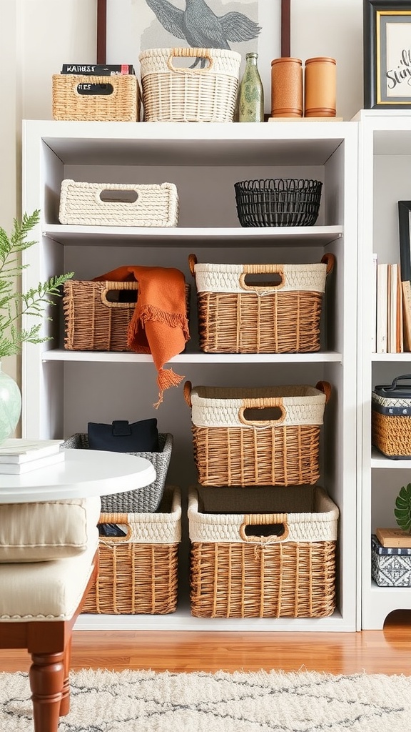 A shelf displaying various storage baskets in different styles and sizes.