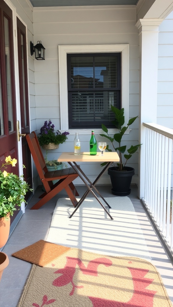 A small porch featuring a folding table, a chair, and potted plants, creating a cozy atmosphere.