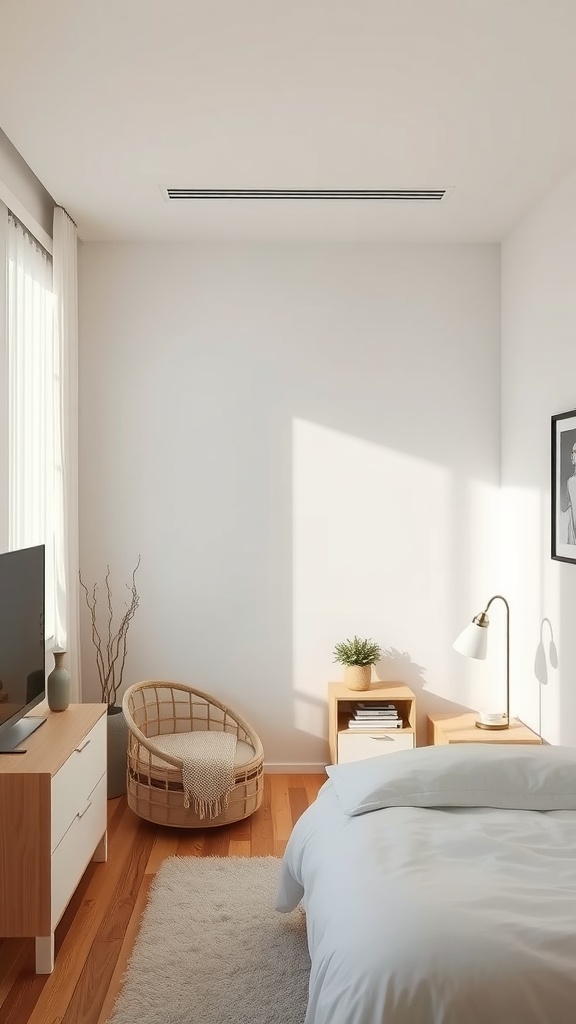 Cozy modern bedroom with a bed, nightstand, dresser, and a woven chair, featuring natural light and warm wooden tones.