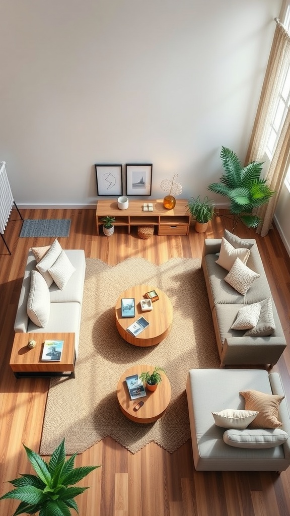 A stylish living room with two sofas, round coffee tables, plants, and wall art.
