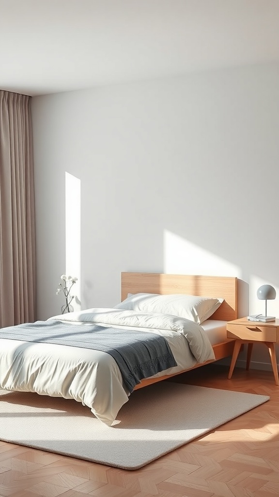A minimal bedroom featuring a wooden bed frame, neutral bedding, a bedside table, and a light-colored rug.