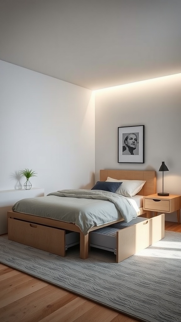 A minimalist bedroom featuring a bed with storage drawers, a nightstand, and soft bedding.