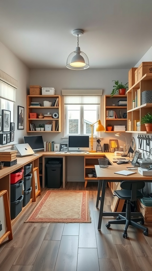A well-organized hobby room with two desks, storage shelves, and a comfortable chair