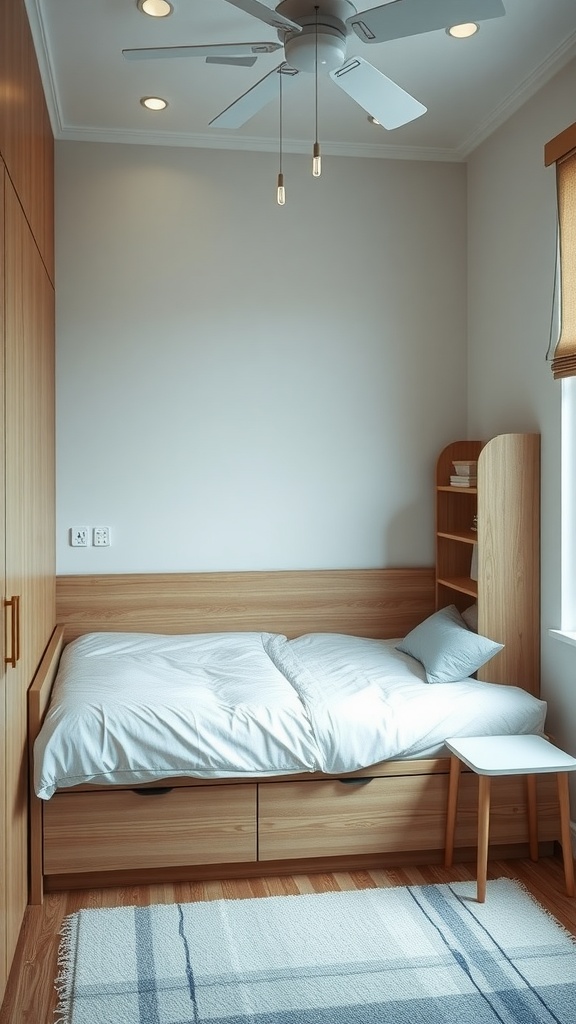 A minimal bedroom featuring a bed with storage, a side table, open shelving, and a fan.