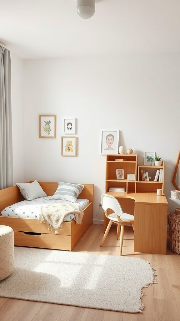 A minimal kids bedroom with functional furniture including a cozy bed, a desk with a chair, and decorative art on the walls.