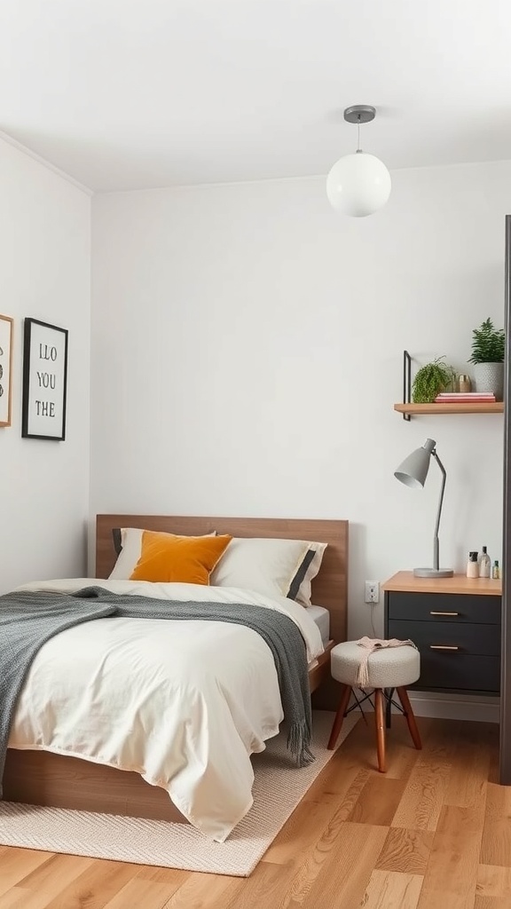 A stylish small bedroom featuring a wooden bed, nightstand, lamp, and decorative elements.