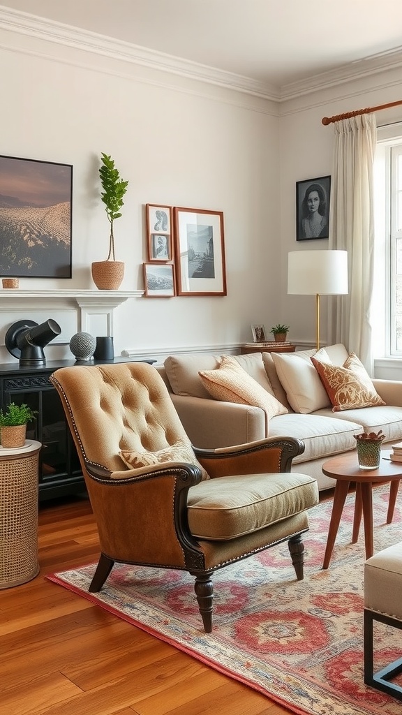 A cozy living room featuring a vintage armchair, a neutral sofa, and decorative elements that create a warm aesthetic.
