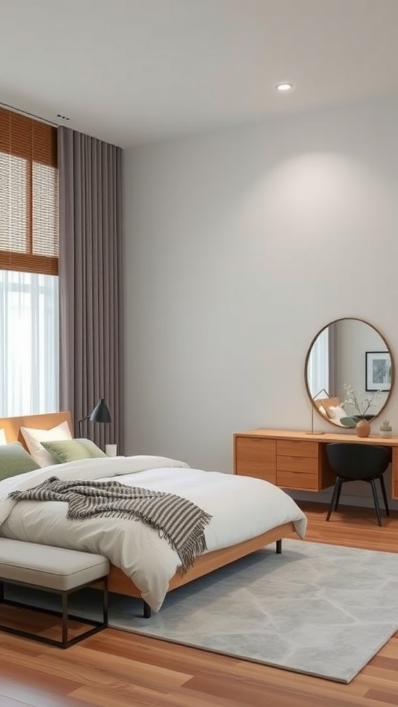 A modern minimal bedroom featuring a low-profile bed with layered bedding, a minimalist side table, a cozy bench, and a natural wood dresser with a round mirror.