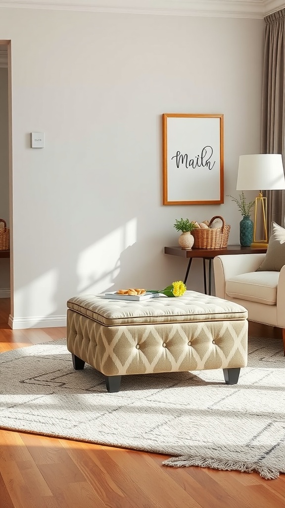 Cozy living room featuring a decorative ottoman, plants, and artwork.